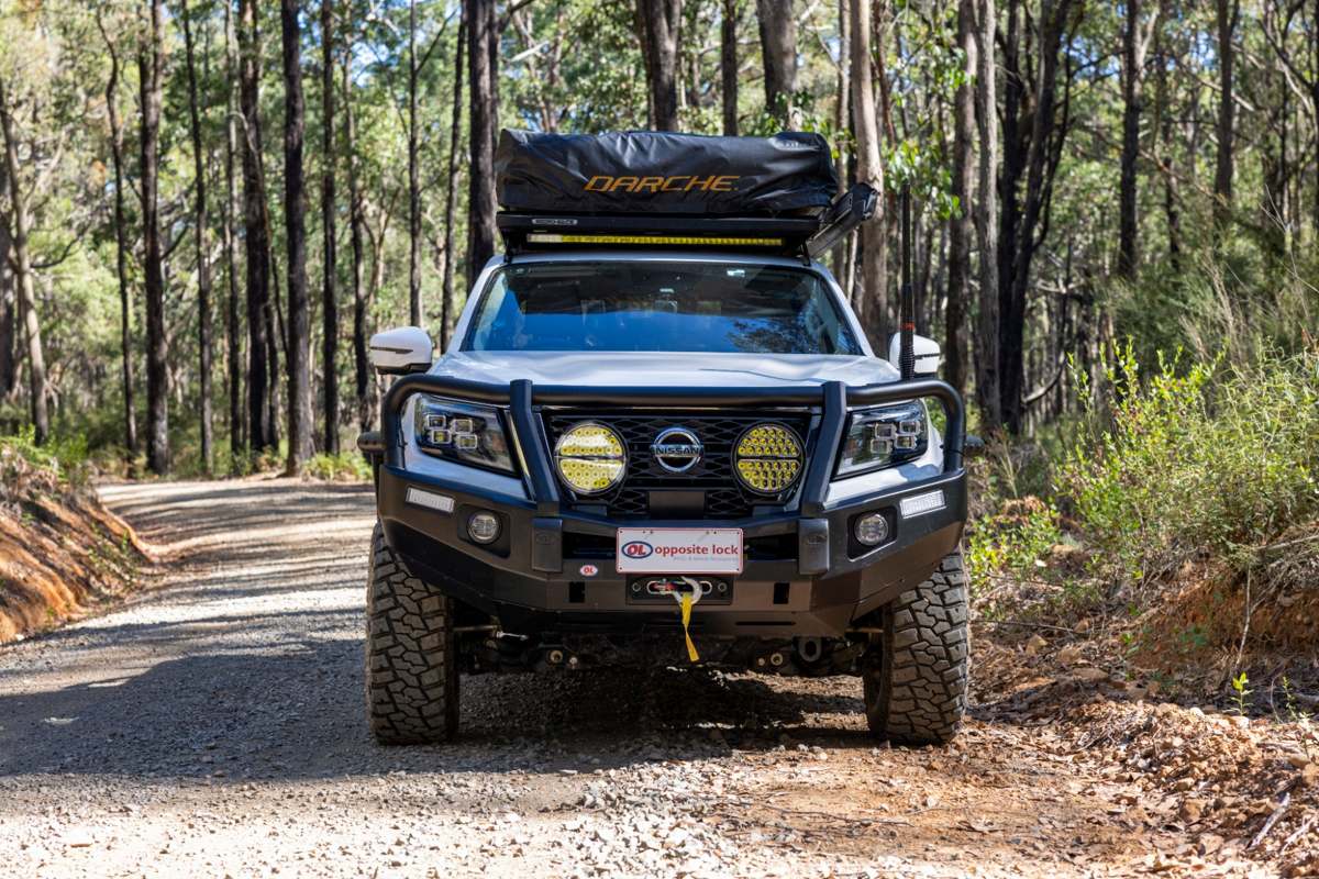 Nissan Navara with an Opposite Lock bull bar in the forest
