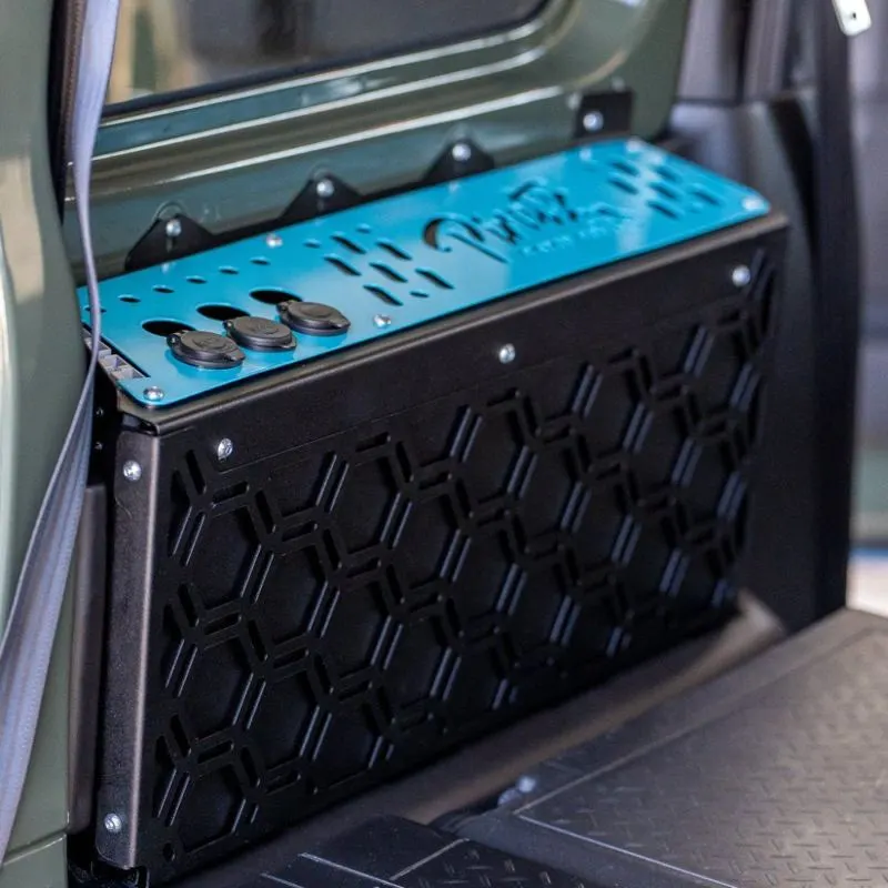 Pirate Camp Co cargo bay battery mount with power panel, Jimny