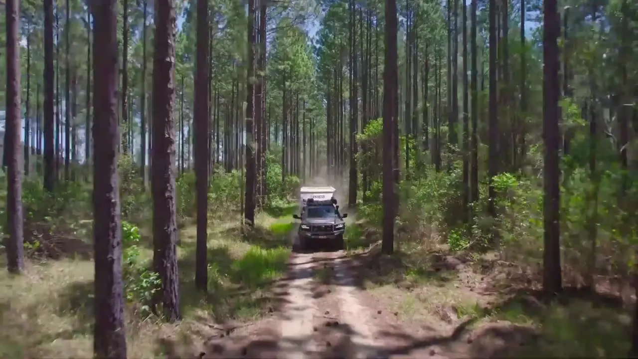 Dual cab ute with a canopy and roof rack on a forest track