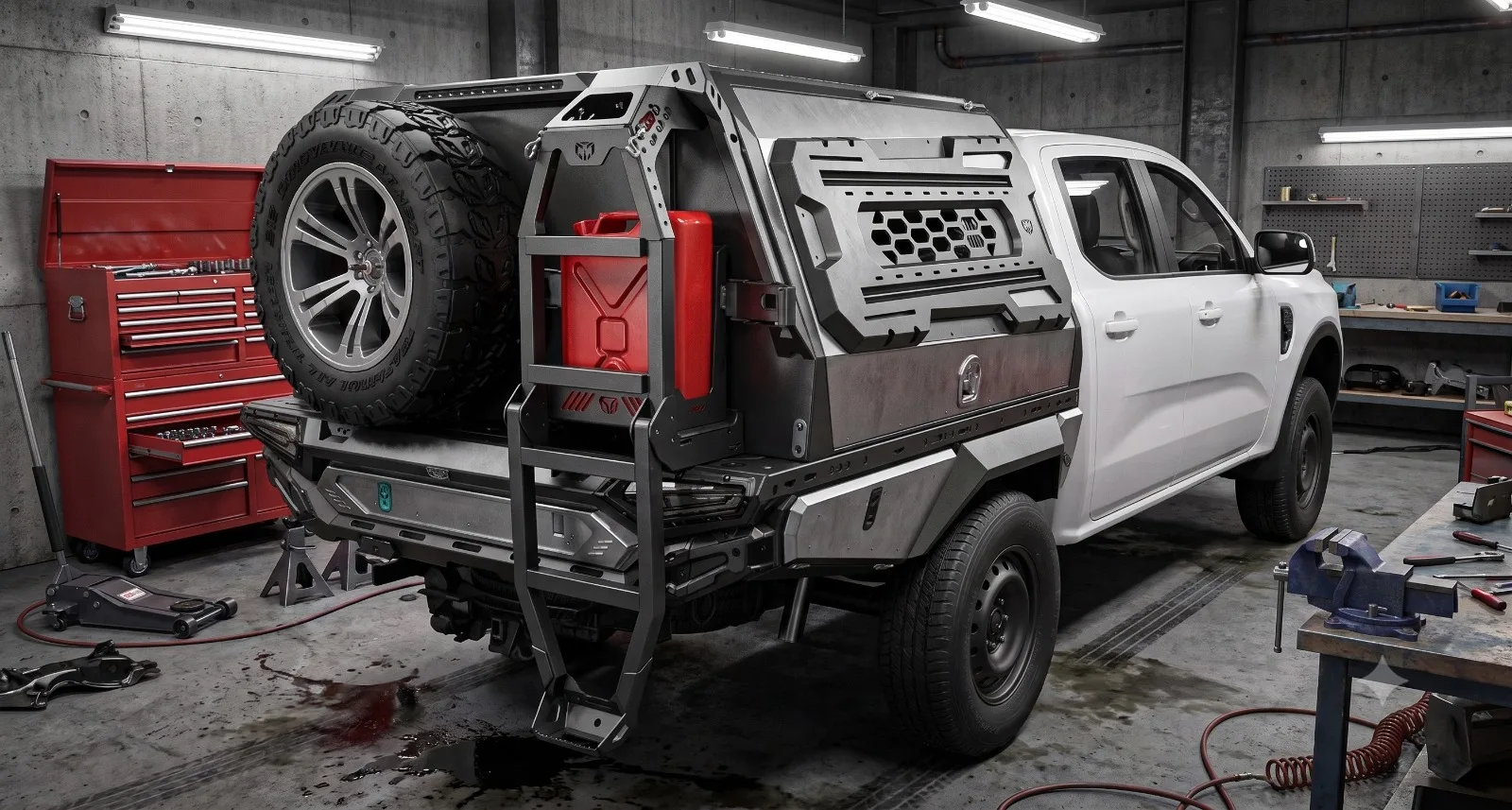 TrailMax fold down ladder with jerry can mount on a canopy